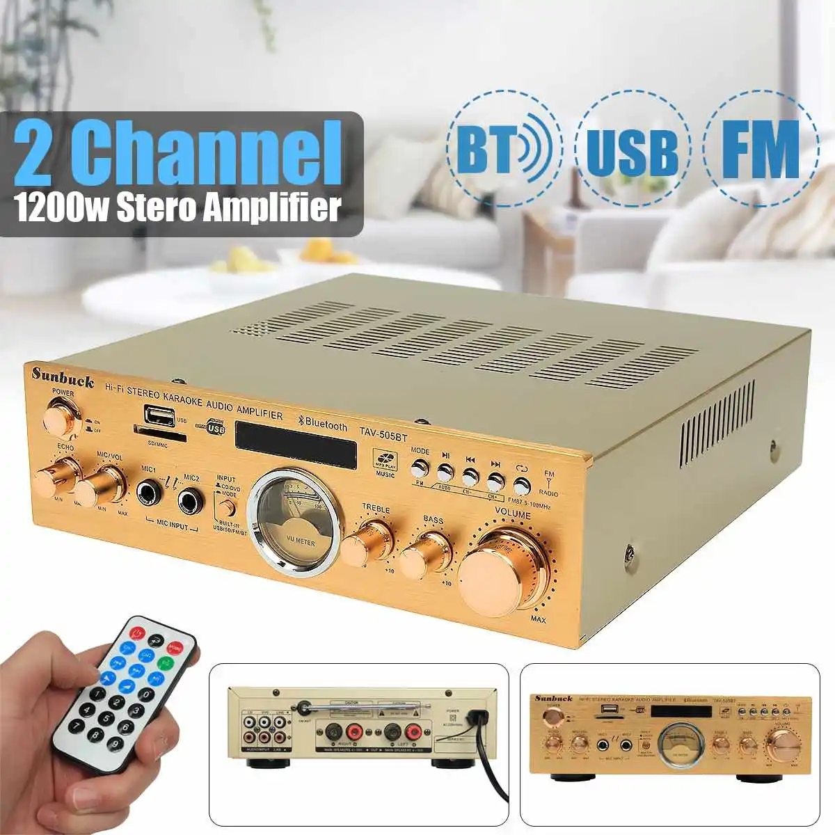 Sunbuck Signal bluetooths Audio Signal Power Amplifier 3800W 220V-240V 5 Channel Speaker with Remote Control Support USB/SD Card
Sunbuck Signal bluetooths Audio Signal Power Amplifier 3800W 220V-240V 5 Channel Speaker with Remote Control Support USB/SD Card