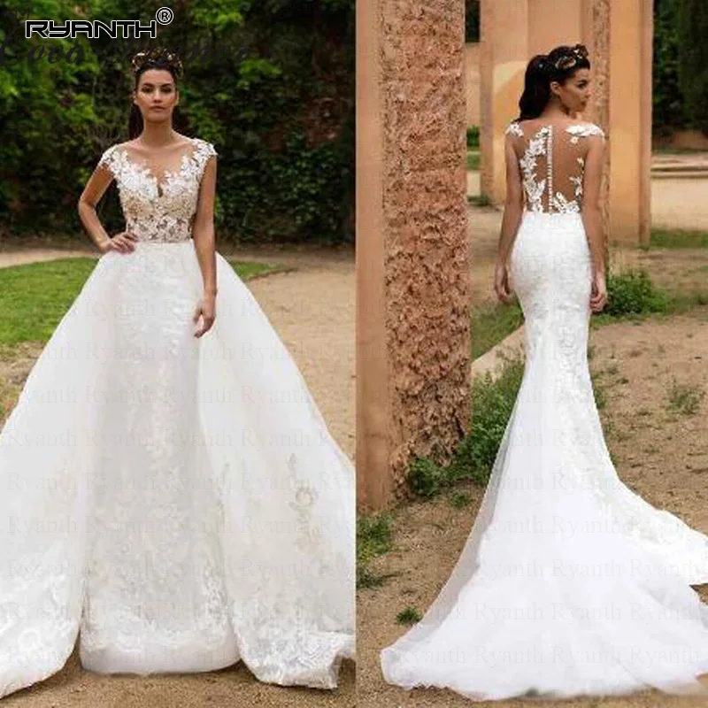 Robe De Mariage Sexy Illusion Mermaid Wedding Dresses with Detachable Train Lace Applique Scoop Neck Bridal Dress 2 in 1 RW05
Robe De Mariage Sexy Illusion Mermaid Wedding Dresses with Detachable Train Lace Applique Scoop Neck Bridal Dress 2 in 1 RW05