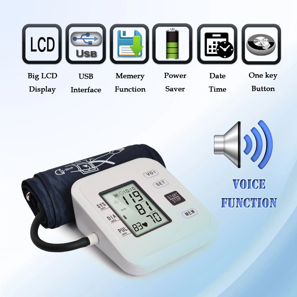 Clear Voice Automatic Arm Blood Pressure Monitor LCD Digital Screen 90 Measurements for 2 users
Clear Voice Automatic Arm Blood Pressure Monitor LCD Digital Screen 90 Measurements for 2 users