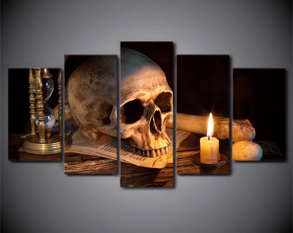 5Piece HD Printed Canvas Art Scary Skull Burning Candle Wall Home Decor Painting Picture Poster Prints Hanging | Дом и сад