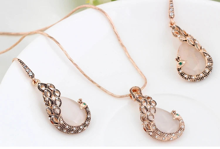 Creative Imitate Crystal Circle Opal Peacock Jewelry Sets Peacocks Necklace Drop Earrings Set For Women Gift CH012 (10)