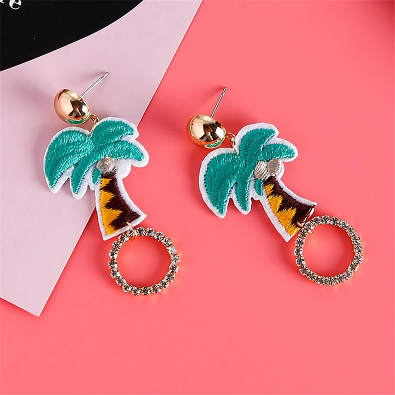 Doreen Box Embroidery Coconut Tree New Design Fashion Women Stud Earrings Clear Rhinestones Circle Jewelry 1 Pair | Украшения и