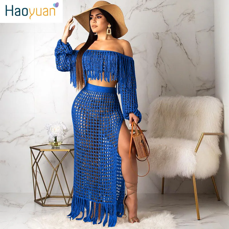 HAOYUAN Plus Size Fishnet Tassel Knit Two Piece Boho Beach Dress Women Off Shoulder Summer Clothes Sheer Club Long Maxi Dresses
HAOYUAN Plus Size Fishnet Tassel Knit Two Piece Boho Beach Dress Women Off Shoulder Summer Clothes Sheer Club Long Maxi Dresses