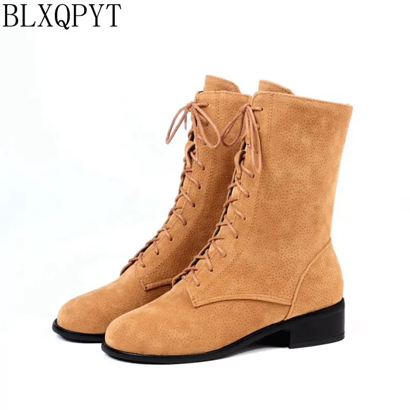 

BLXQPYT Simple New Sale Big size 34-46 Autumn winter ankle boots women Round toe Lace up high heels wedding short boots c8-57