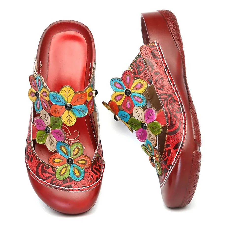 Vintage Printed Round Toe Slippers Women Shoes Genuine Leather Summer Bohemian Beach Lady Slides Flower Casual Shoe Woman Sandal (1)