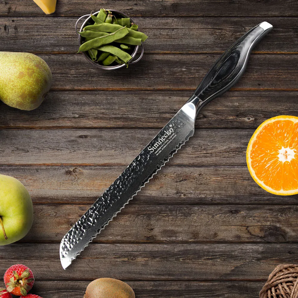 SUNNECKO 8'' Bread Knife Damascus Steel Japanese VG10 Core Blade Kitchen Knives Pakka Wood Handle Sharp Cake Cutter Chef's | Дом и