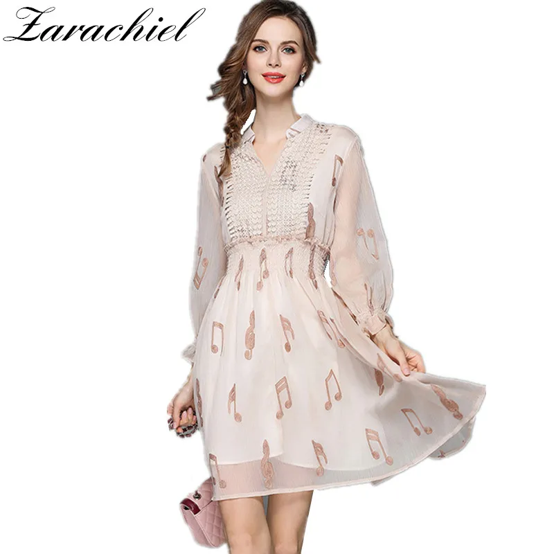 2019 New Summer Chiffon Sweet Princess Dress Women Fashion Musical Notation Embroidery Dress Elastic Waist V Neck A Line Dress
2019 New Summer Chiffon Sweet Princess Dress Women Fashion Musical Notation Embroidery Dress Elastic Waist V Neck A Line Dress