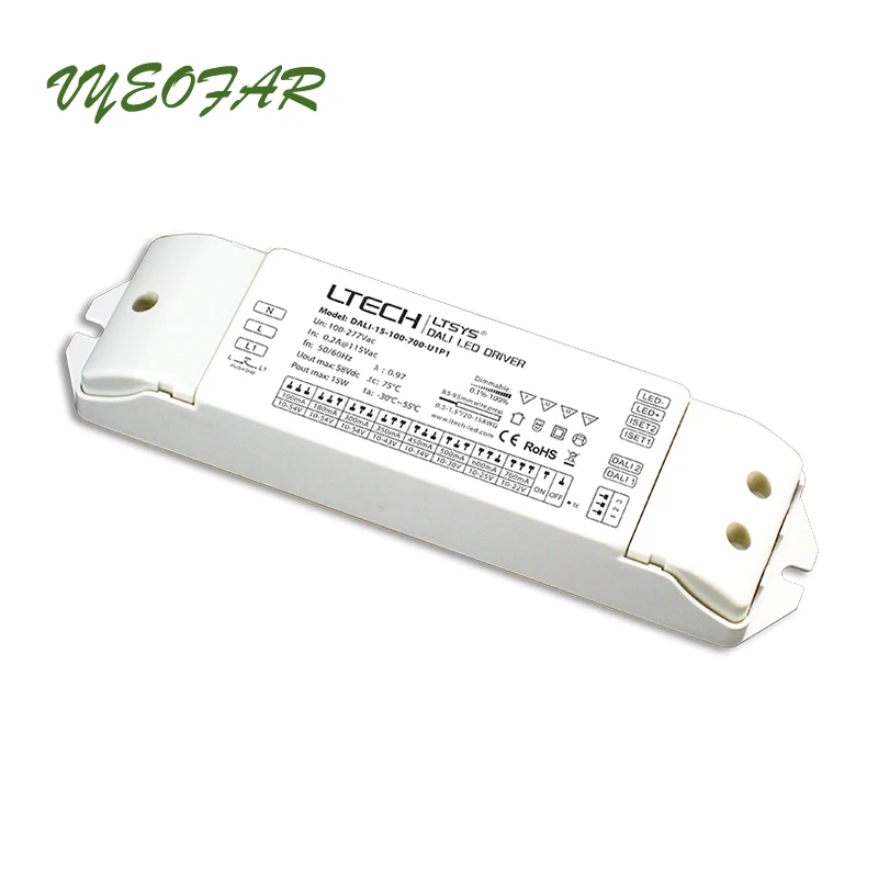 LTECH Dali Dimming Driver 100-240VAC;Dali Power driver;AC100-240V input;100-700mA 15W output Led Dali Dimmable Driver,Push Dim
LTECH Dali Dimming Driver 100-240VAC;Dali Power driver;AC100-240V input;100-700mA 15W output Led Dali Dimmable Driver,Push Dim