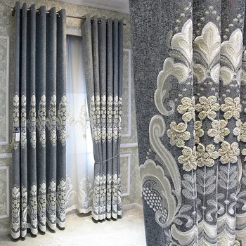 

Custom curtains European court embroidered high-end luxury gray cotton linen thick cloth blackout curtain tulle drapes B266