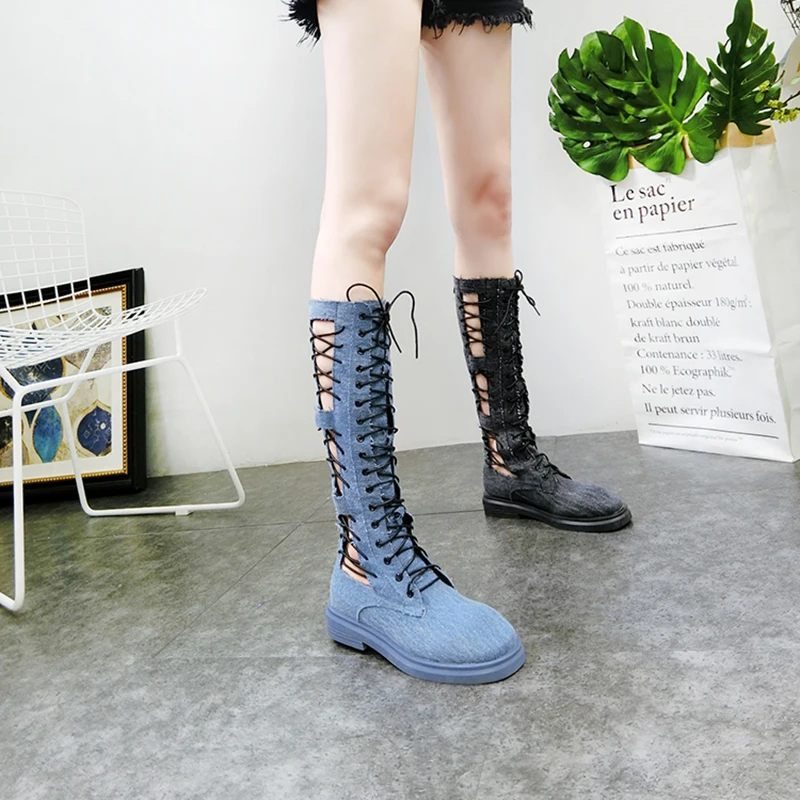 Women's High Boots 2019 Summer Denim Casual Lace Up High Boots For Woman Fashion Hollow Out Women Summer Boot Female Shoes
Women's High Boots 2019 Summer Denim Casual Lace Up High Boots For Woman Fashion Hollow Out Women Summer Boot Female Shoes