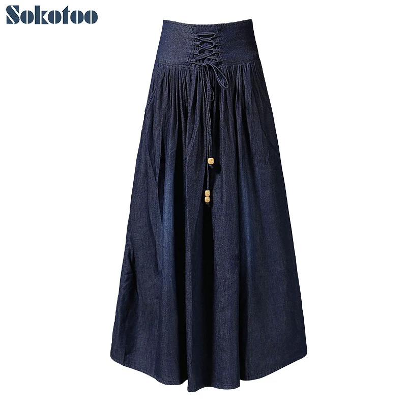 Sokotoo Women's plus size high waist lace up A line skirt Medium long dark blue light weight denim skirt
Sokotoo Women's plus size high waist lace up A line skirt Medium long dark blue light weight denim skirt