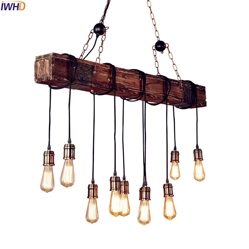 

IWHD American Country Wooden LED Pendant Lights Fixtures Dinning Room Restaurant Vintage Lamp Industrial Lighting Loft Style