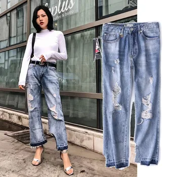 New and American wind of tall waist washed white hole irregular cutting grinding jeans dress nine minutes of pants
New and American wind of tall waist washed white hole irregular cutting grinding jeans dress nine minutes of pants