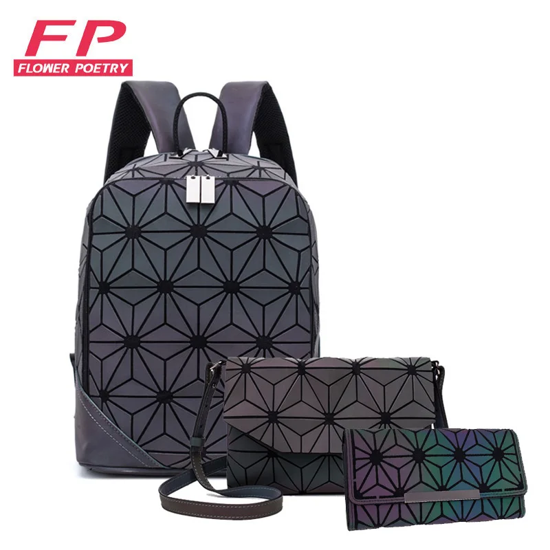 

New Luminous Backpack Women Backpack Lattice Set School Backpacks For Teenage Girl School Bags Holographic Clutch Purse Mochila