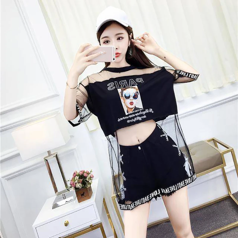 

Womens Two Piece Sets 2019 Summer Fashion Printted Mesh Tops and Shorts 2 Pieces Tracksuits Streewear Twinset Conjunto Feminino