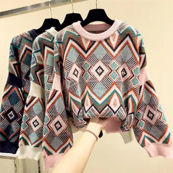 Winter Korean Fashion Retro Diamond Block Lattice Harajuku Women's Pullover Sweater Loose Tribal National Wind Leisure Sweater
Winter Korean Fashion Retro Diamond Block Lattice Harajuku Women's Pullover Sweater Loose Tribal National Wind Leisure Sweater