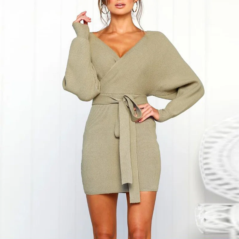 Office Ladies Dress Knitted Lace-up Women Slim Dresses V-Neck Batwing Sleeve Bodycon Sexy Mini Dress
Office Ladies Dress Knitted Lace-up Women Slim Dresses V-Neck Batwing Sleeve Bodycon Sexy Mini Dress