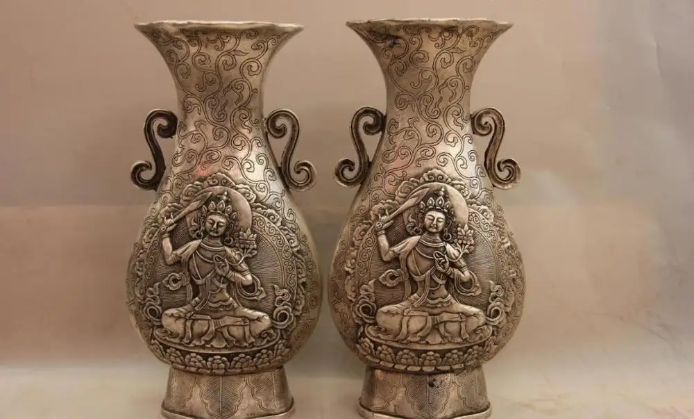 China White Copper Silver Buddhism Manjusri Manjushri Bodhisattva Pot Vase Pair
China White Copper Silver Buddhism Manjusri Manjushri Bodhisattva Pot Vase Pair