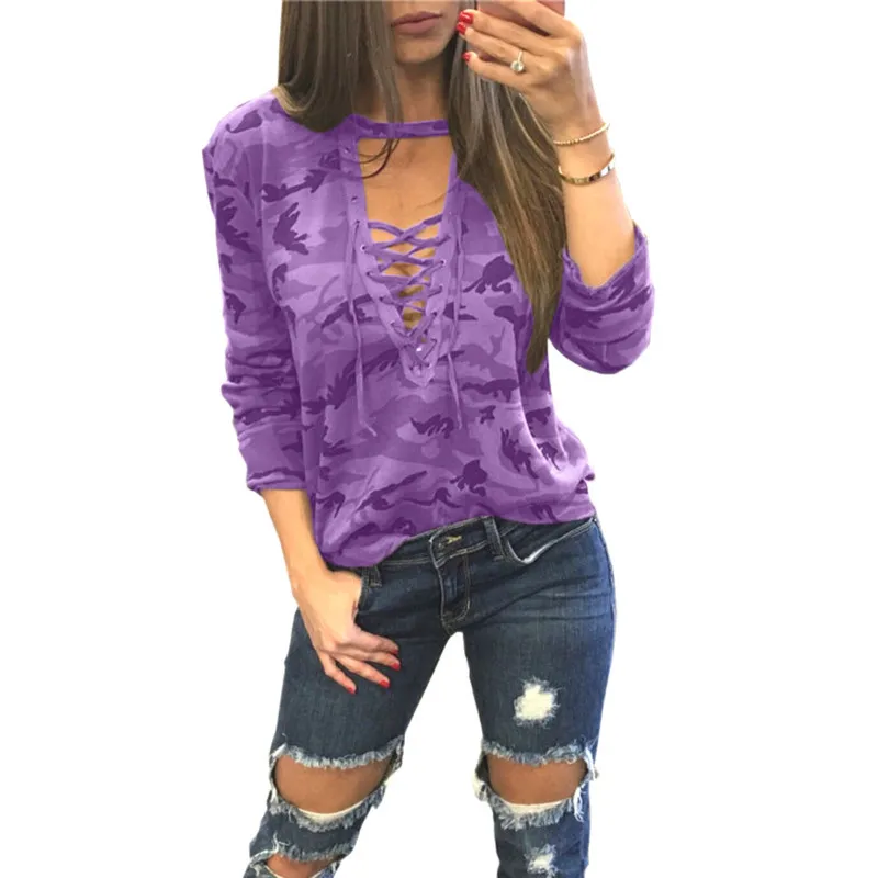 Women T-Shirts Camouflage Deep V Low Chest Strap T-shirt Female Long Sleeve Sexy Top S To XXL Green Purple Camouflage Shirts
Women T-Shirts Camouflage Deep V Low Chest Strap T-shirt Female Long Sleeve Sexy Top S To XXL Green Purple Camouflage Shirts