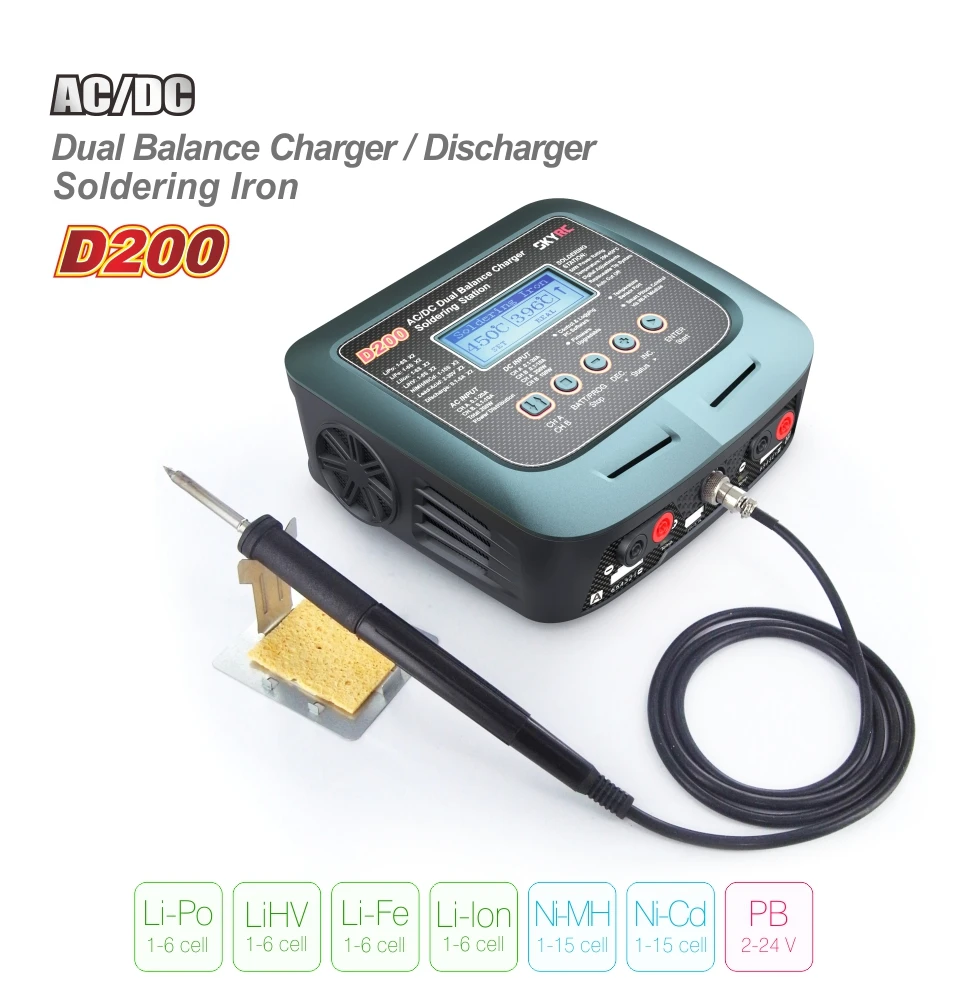 

SkyRC D200 200W*2 AC/DC Dual Balance Charger 20A Charge 5A Discharge NiMH/LiPo Battery Twin-Channel Charger with Soldering Iron