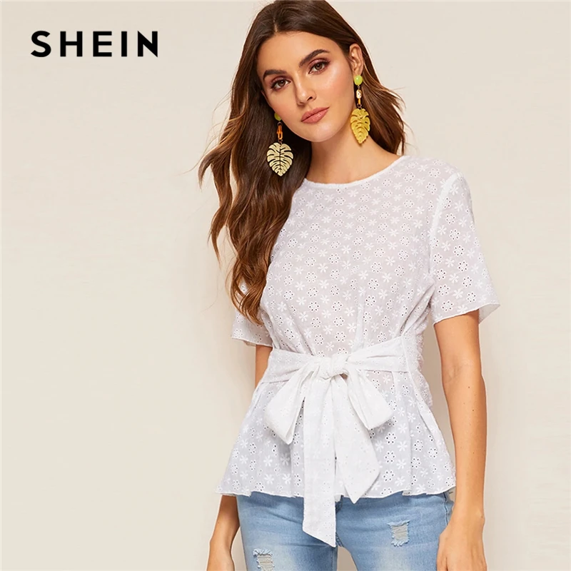 

SHEIN Keyhole Back Belted Peplum Schiffy Blouse Elegant White Short Sleeve Summer Blouse 2019 Eyelet Embroidery Women Blouses