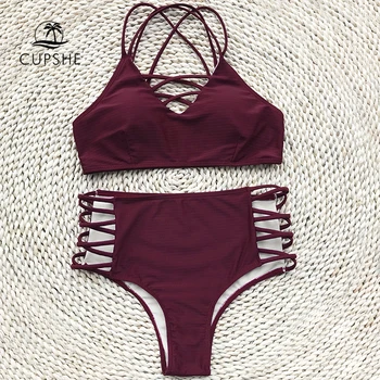 CUPSHE Wine Red High-waisted Halter Bikini Set Women Burgundy Cutout Two Pieces Swimwear 2020 Girl Solid Lace up Swimsuit
CUPSHE Wine Red High-waisted Halter Bikini Set Women Burgundy Cutout Two Pieces Swimwear 2020 Girl Solid Lace up Swimsuit