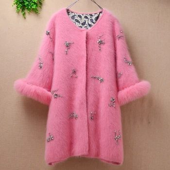 top quality Women thicken winter long pink beading plush mink cashmere cardigan seven fox fur sleeves angora fur sweater coat 
top quality Women thicken winter long pink beading plush mink cashmere cardigan seven fox fur sleeves angora fur sweater coat