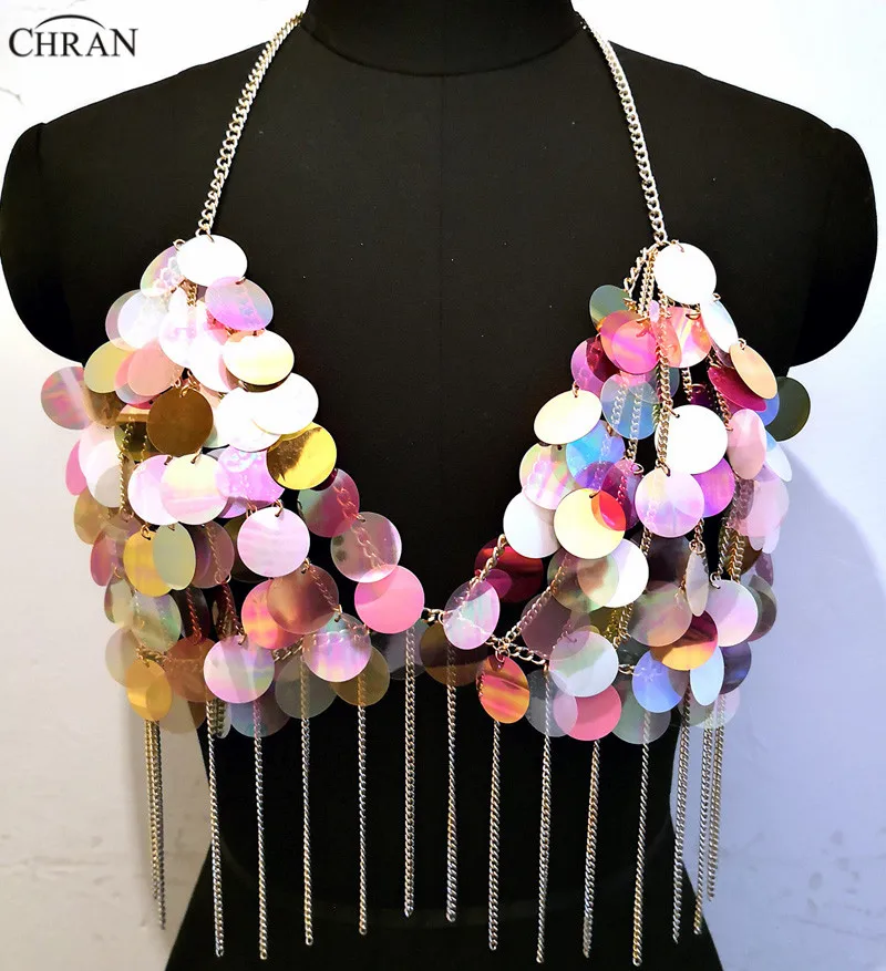 

Chran Holographic Sequins Seascale Crop Top Disco Party Chain Necklace Rave Bra Bralete Festival Costume Wear Jewelry CRS210
