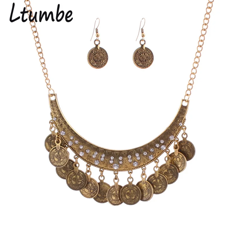 Ltumbe Vintage Tribal Bohemia Turkish Carved Alloy Fringe Crystal Coin Tassels Collar Necklaces Earrings Jewelry Sets Women | Украшения и