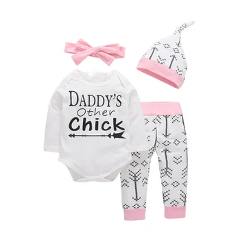 4PCS Newborn Infant Baby girls clothes set Daddy's Other Chick Bodysuit+Love Arrow Pants+Hat +Headband bebies girls outfit
4PCS Newborn Infant Baby girls clothes set Daddy's Other Chick Bodysuit+Love Arrow Pants+Hat +Headband bebies girls outfit