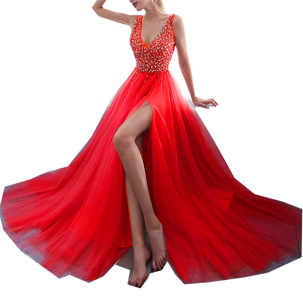 V-Neck-Beading-Evening-Dress-Back-Lace-Up-Evening-Dress-With-Slit-Evening-Gown-2019-LongAAAGFGFFG