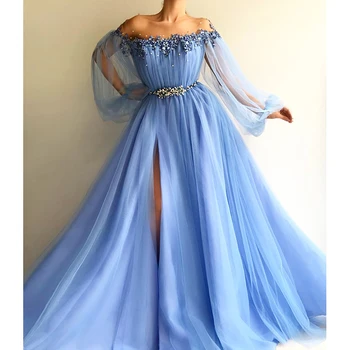 

2019 Sky Blue Long Prom Dress A Line Off Shoulder Appliques Formal Pageant Holidays Wear Graduation Evening Party Gown Custom