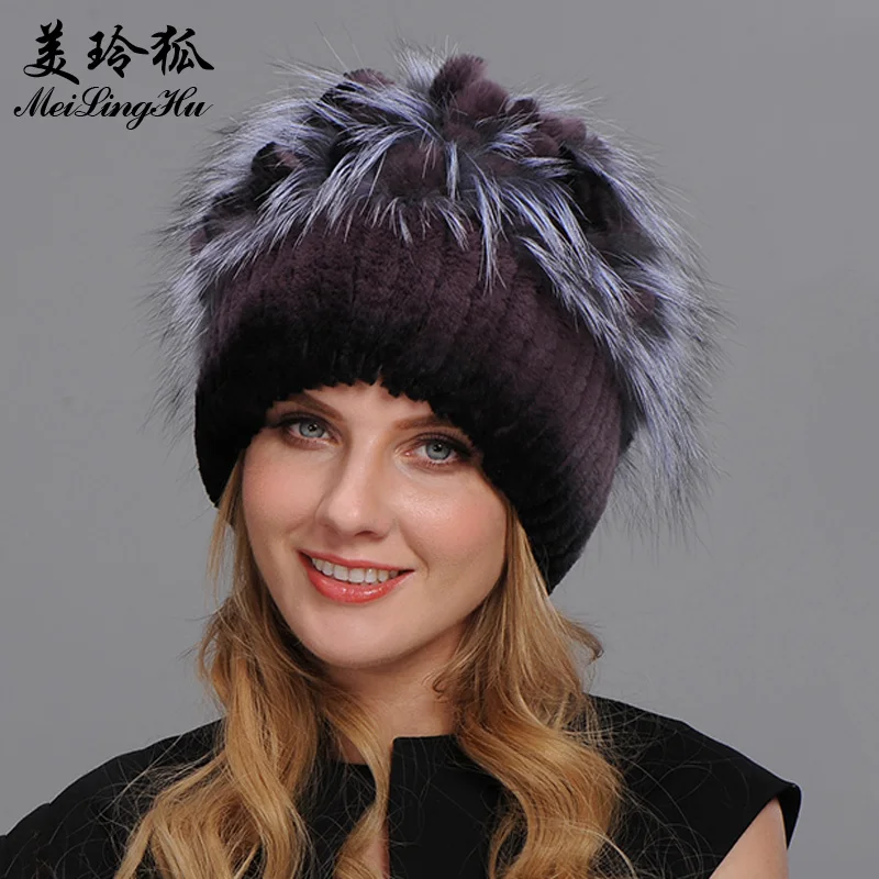 Real Rex Rabbit Fur Hats Winter Fur Hat for Women with Silver Fox Fur Flower Knitted High-quality Women Fur Cap New Beanies Cap
Real Rex Rabbit Fur Hats Winter Fur Hat for Women with Silver Fox Fur Flower Knitted High-quality Women Fur Cap New Beanies Cap