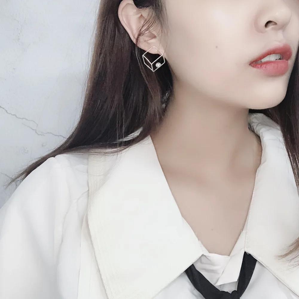 3D Cube Hollow Out Earring Creative Geometric Pearl Pendant Ins Style Jewelry Gift For Women Girls | Украшения и аксессуары