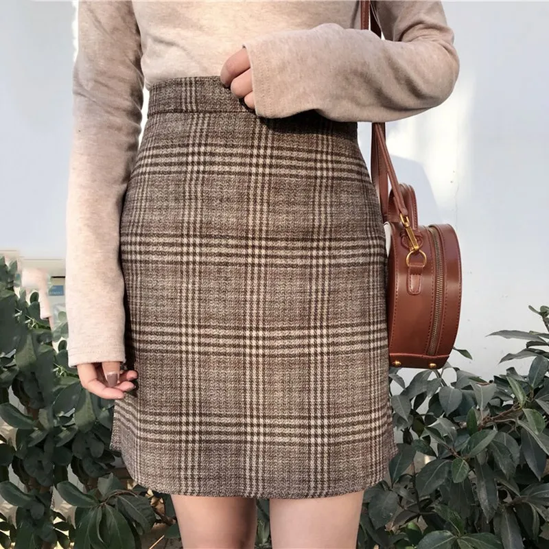 

Autumn new tartan high waist Vintage large size slim skirt female Korean Empire A-Line England Style Knee-Length Casual skirt