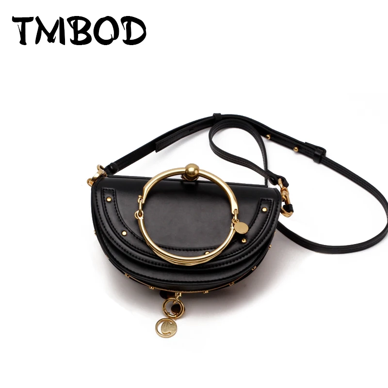 Image New 2017 Design Women Round Metal Ring Small Tote with Pendant Half Moon Messenger Bag Split Leather Handbags For Female an763