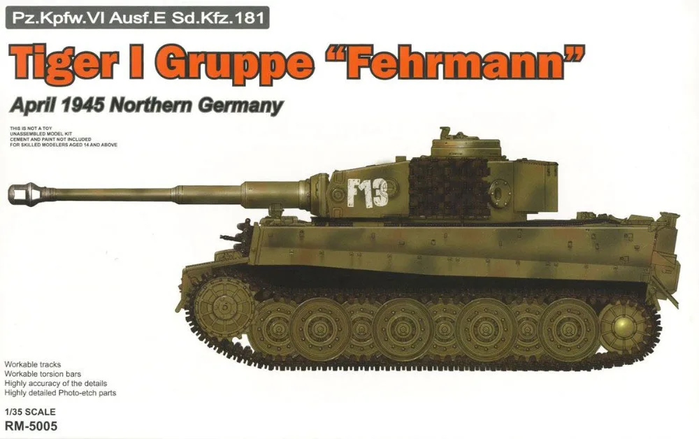 RYE FIELD RMF RM-5005 1/35 Scale Tiger I Gruppe "Fehrmann" Pz.Kpfw.VI Ausf.E Sd.kfz.181 Plastic Model Building Kit
RYE FIELD RMF RM-5005 1/35 Scale Tiger I Gruppe "Fehrmann" Pz.Kpfw.VI Ausf.E Sd.kfz.181 Plastic Model Building Kit