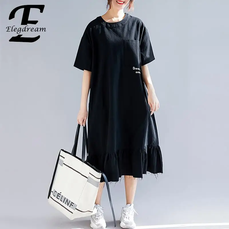 Elegdream Плюс Размер Повседневное платье для женщин Лето 2019 рубашка платья черные