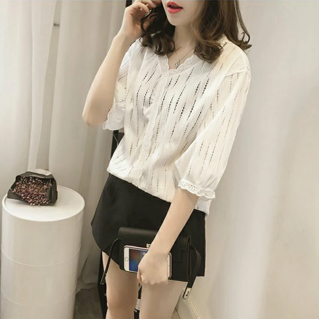 Women Cute White Lace Shirt Korean Wild V-Neck Laciness Blouse Casual Solid Hollow Out Blouses Ladies Half Sleeve Shirts Tops
Women Cute White Lace Shirt Korean Wild V-Neck Laciness Blouse Casual Solid Hollow Out Blouses Ladies Half Sleeve Shirts Tops