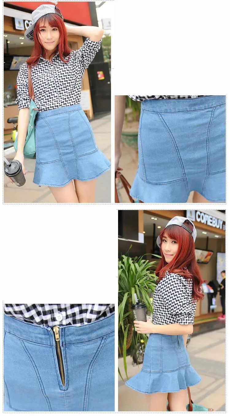 2018 fashion autumn newWomen's Clothing Summer Denim Skirts Plus Size Empire Stretch Sexy Jean Skirt Ladies Blue Jupe Ruffles Mini A-line Skirts (4)