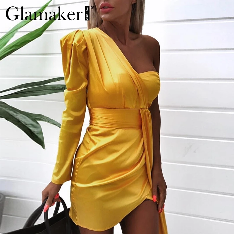 Glamaker Satin one shoulder vintage bodycon dress Women summer belt retro short dress elegant Female yellow party dress vestidos
Glamaker Satin one shoulder vintage bodycon dress Women summer belt retro short dress elegant Female yellow party dress vestidos