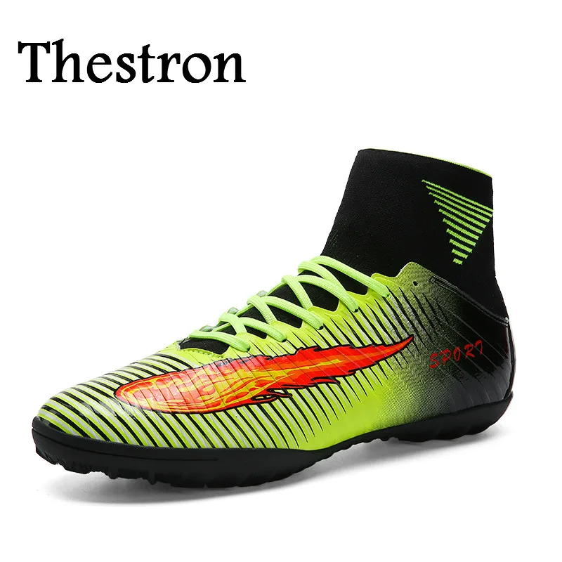 Image Thestron Football Boots With Sock Green Red Kids Soccer Shoes High Ankle Training Shoes Sport Non Slip Soccer Football Boot