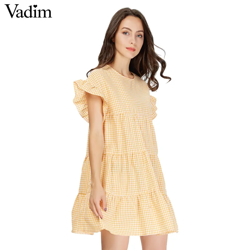 yellow Ruffles Sleeve O Neck Mini Plaid Pleated Dress