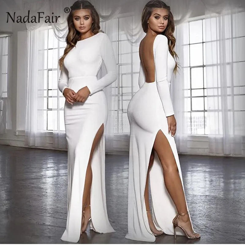

Vestido de fiesta Sexy con espalda descubierta de Nadafair Vestidos de manga larga de lado alto ceñido al cuerpo Maxi vestido de mujer blanco negro elegante vestido largo