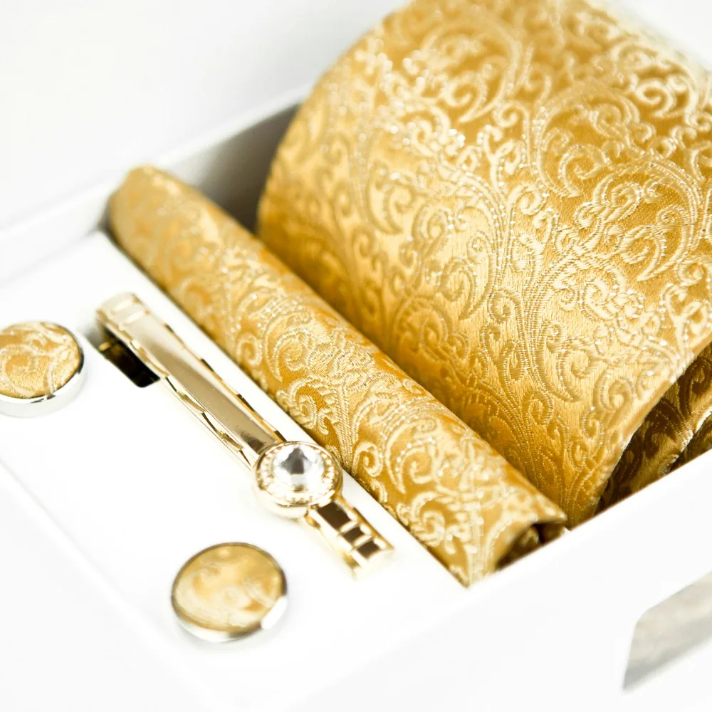 Ties Four Piece Set Floral Paisley Solid Gold Yellow Champagne Mens Neckties Pocket Square Tie Clip Cufflinks New Silk Wholesale
Ties Four Piece Set Floral Paisley Solid Gold Yellow Champagne Mens Neckties Pocket Square Tie Clip Cufflinks New Silk Wholesale