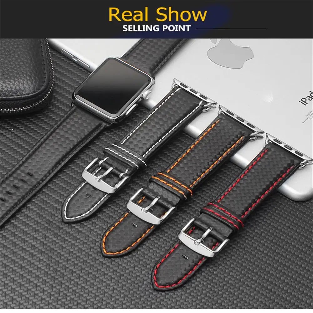 

Strap for Apple watch band 44 mm 38mm Apple watch 5/4/3/2/1 iwatch band 42mm 40mm Carbon fiber+Leather watchband bracelet correa