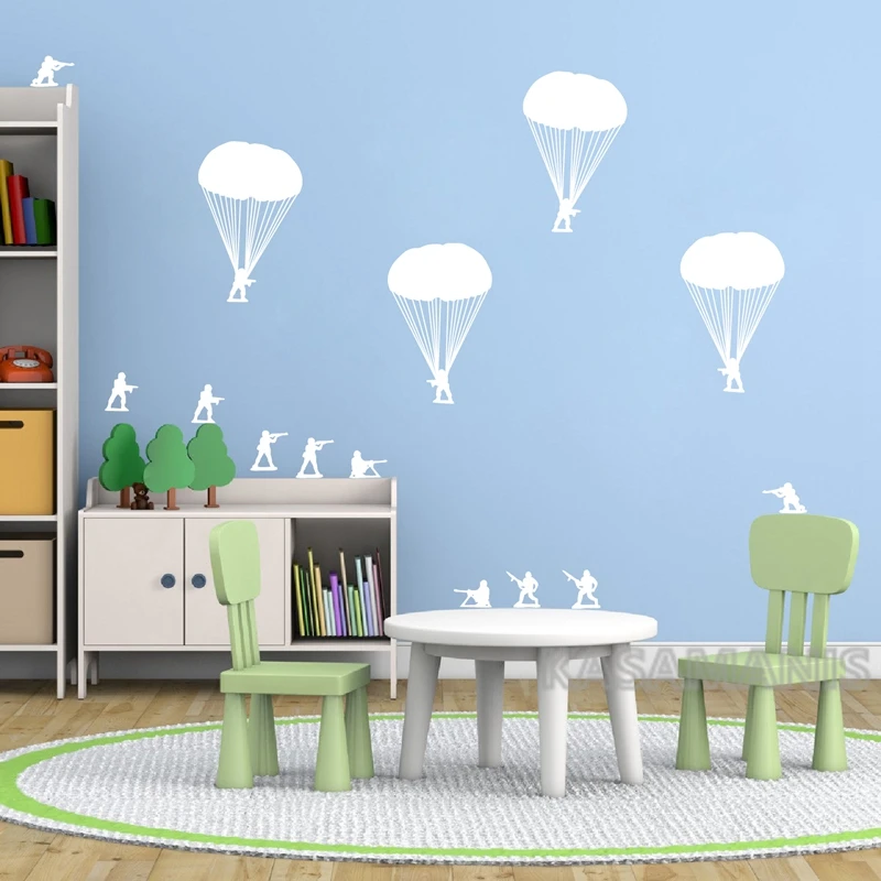 Small Army Men Bucket of Soldiers Paratroopers Vinyl Wall Sticker Kids Rooms Decor