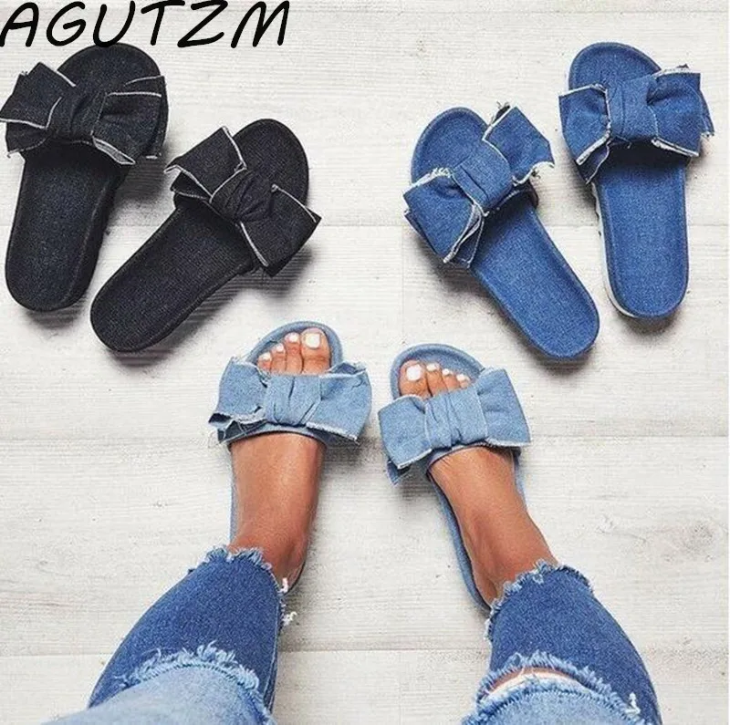 AGUTZM джинсовые тапочки Лето 2019 г. для женщин Открытый Топ Повседневные бабочка kont