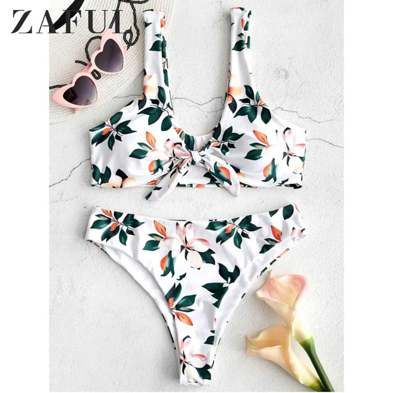 

ZAFUL Flower Plant Print Bandeau Bikini Set tie High Leg Cut Bikini Floral Swimwear Women Low Waist Thong Push Up Bathing Suit