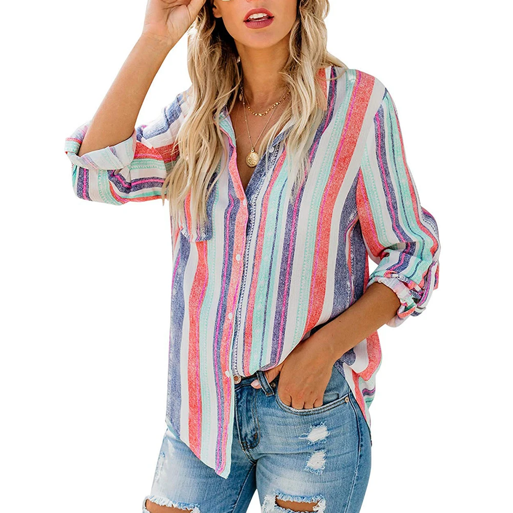 Fashion Multicolour Striped Women Blouse Top Button-Up Long Sleeve Ladies Female Tops Shirts Turn-Down Collar Shirt with Pocket
Fashion Multicolour Striped Women Blouse Top Button-Up Long Sleeve Ladies Female Tops Shirts Turn-Down Collar Shirt with Pocket